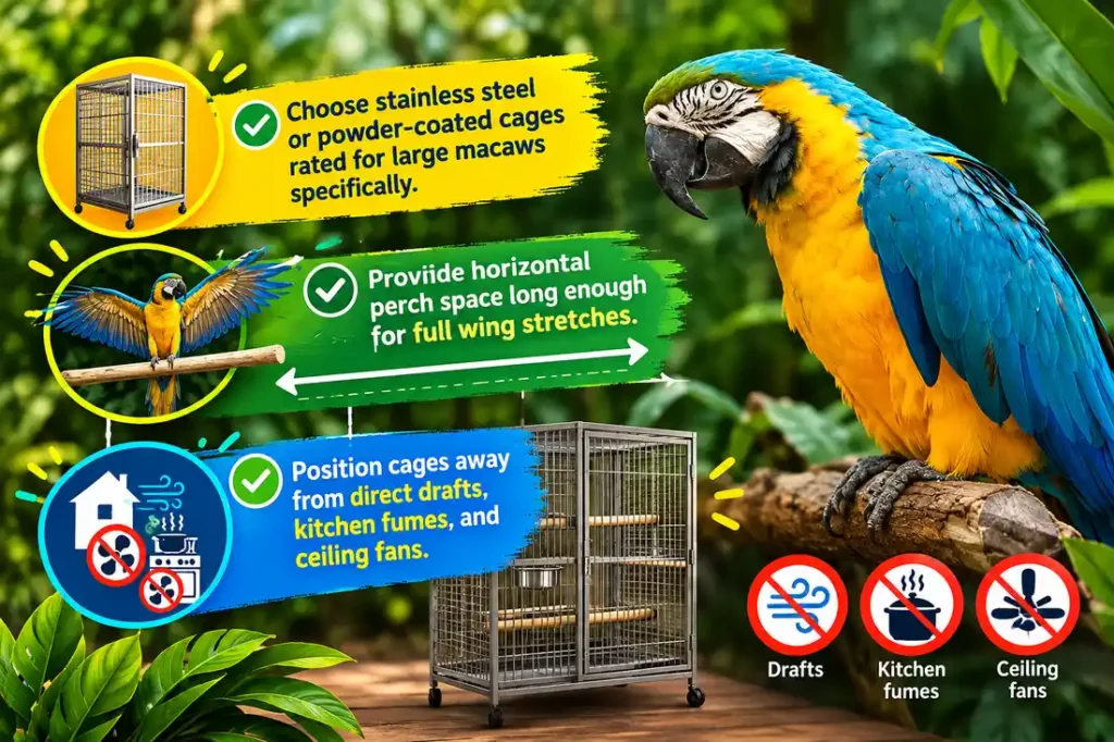 Blue and gold macaw cage setup.