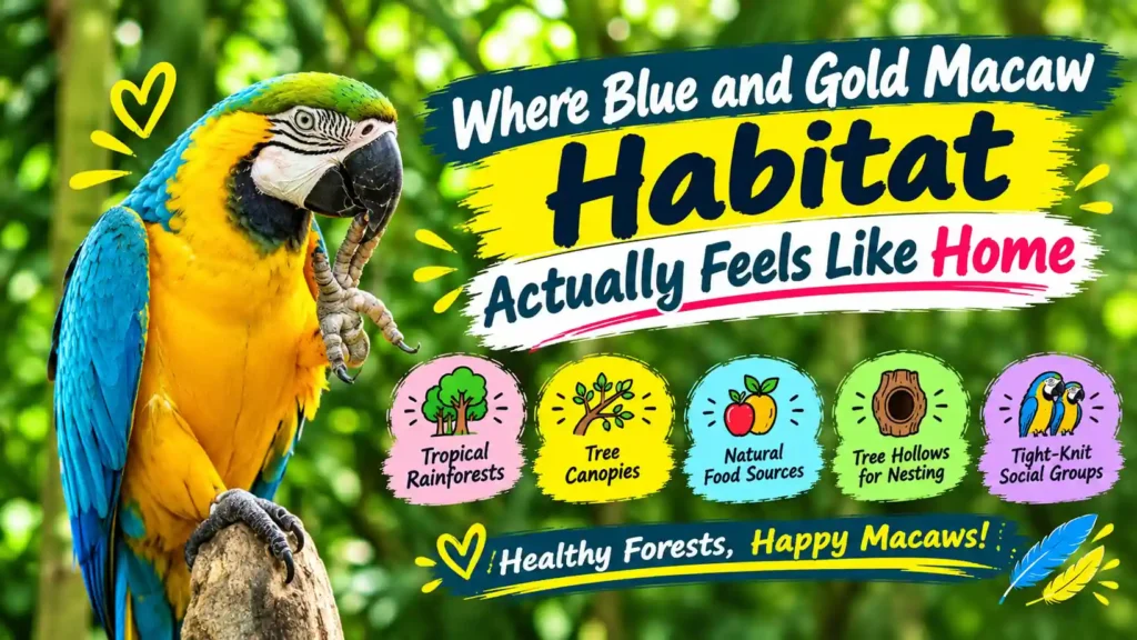 Blue and gold macaw habitat infographic