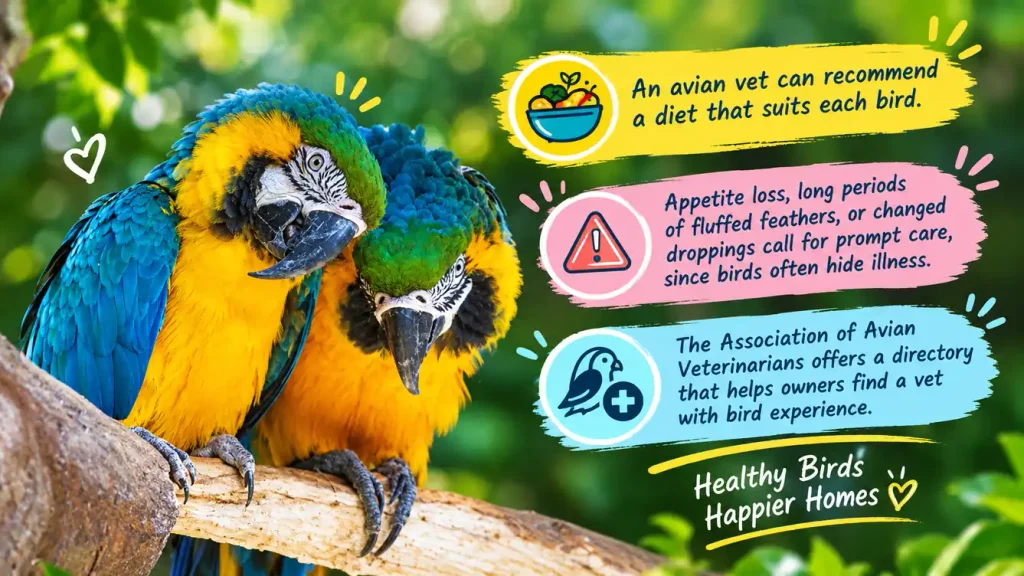 Blue and Gold Macaws with health care tips. 