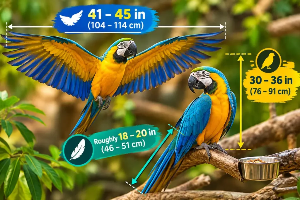 Blue and gold macaw size guide. 