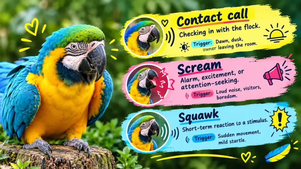Blue and gold macaw sound types.'