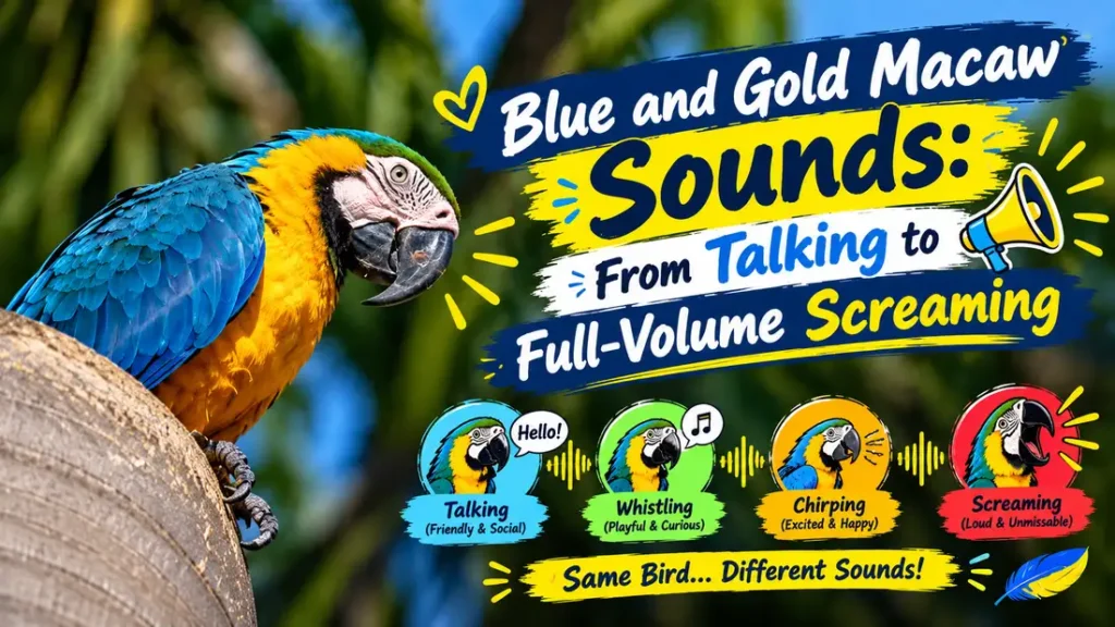 Blue and gold macaw making sounds.
