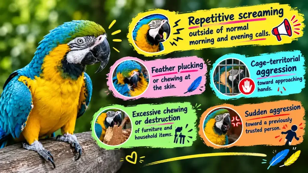 Blue and gold macaw behavior warning signs.