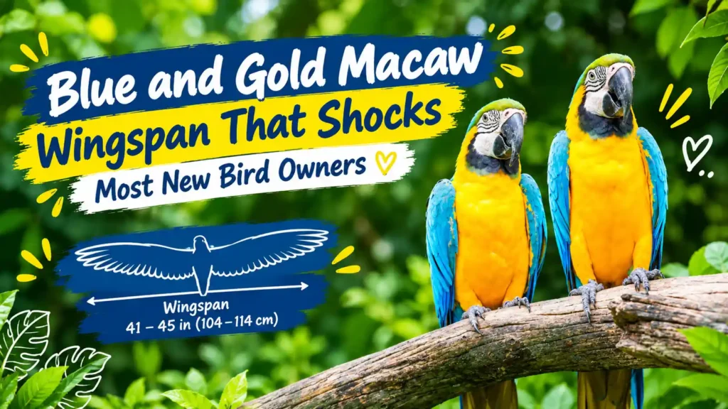 lue and Gold Macaws with wingspan graphic.