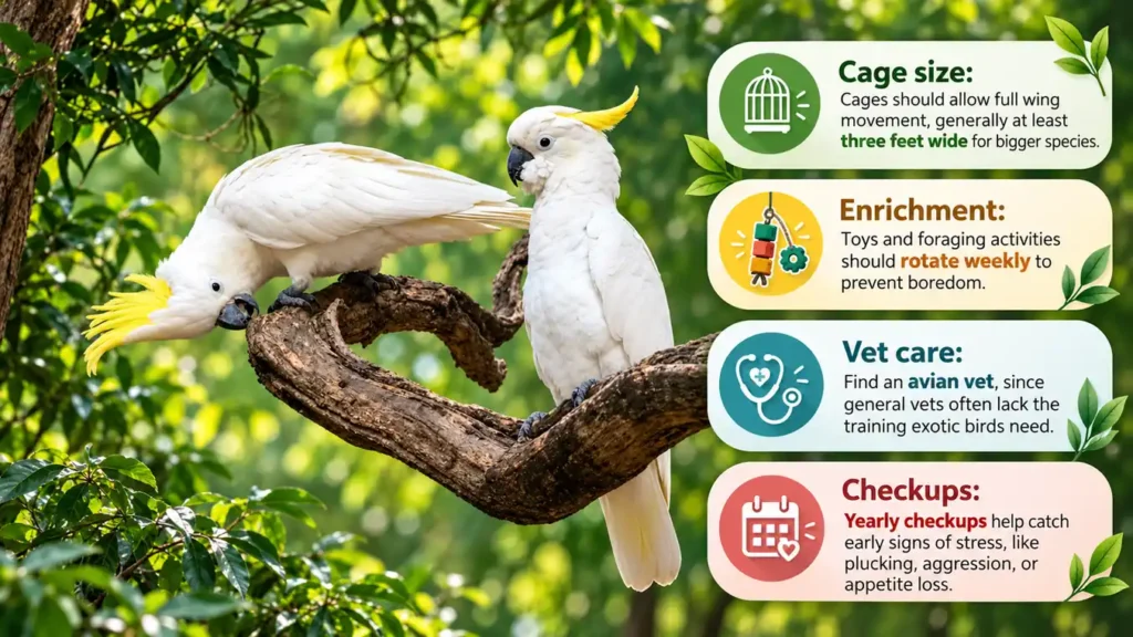 Cockatoo care guide with cage, enrichment, vet, and checkup tips 