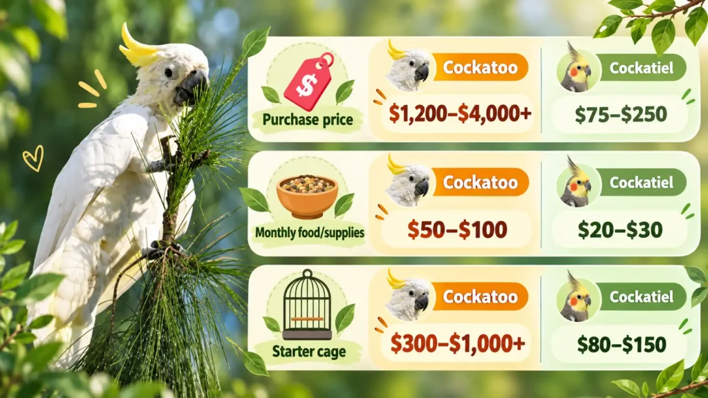 Cockatoo vs cockatiel cost comparison infographic 