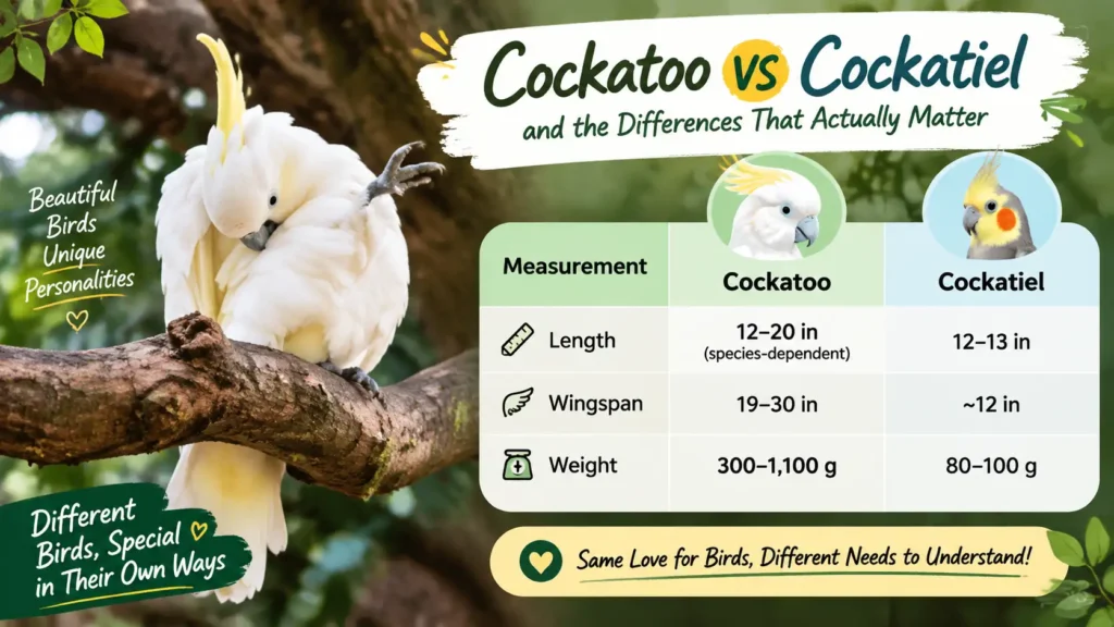 Cockatoo vs cockatiel size comparison infographic