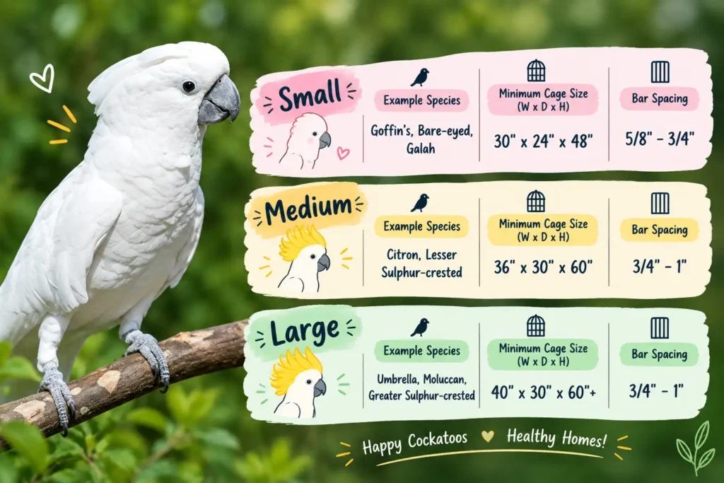 Cockatoo cage size guide.