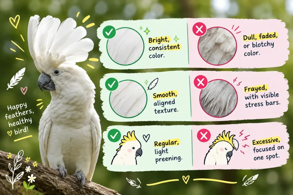 Healthy vs unhealthy cockatoo feathers