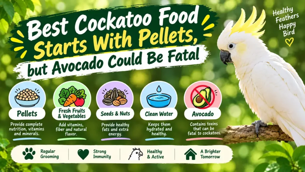 Cockatoo food guide featuring pellets and a warning about avocado.