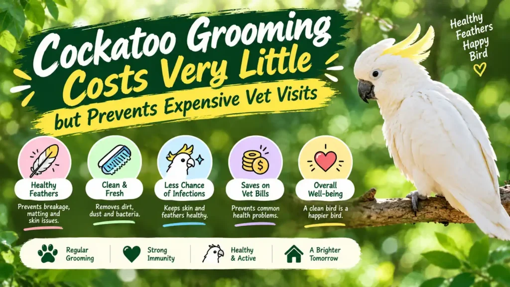 cockatoo grooming, cockatoo nail trimming, cockatoo beak care, cockatoo feather care, cockatoo bathing, parrot grooming guide, avian grooming tips, cockatoo molting care, bird grooming supplies, cockatoo care