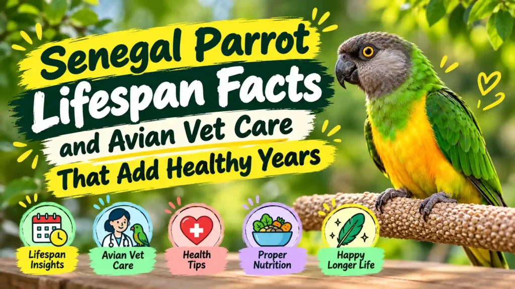 Senegal parrot lifespan and avian vet care infographic.