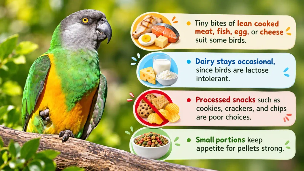 Colorful parrot food guide infographic with healthy and unhealthy snack tips.