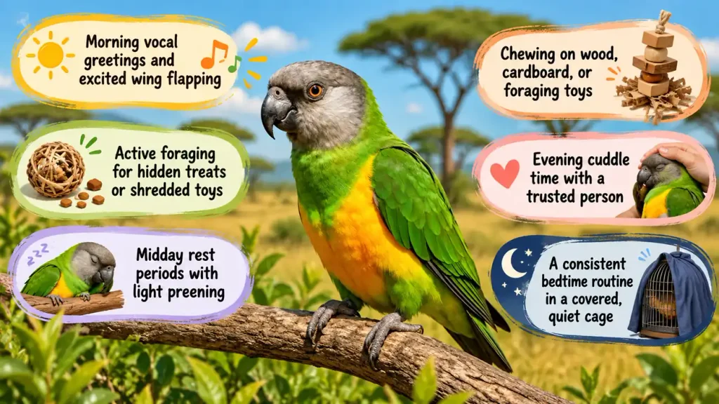 Senegal parrot daily care infographic.