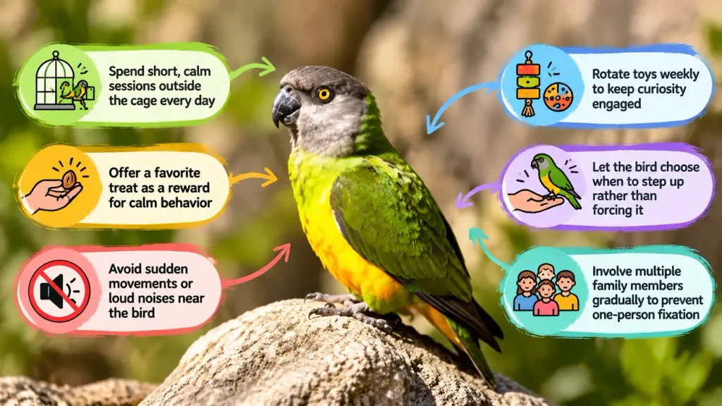 Senegal parrot handling tips infographic.