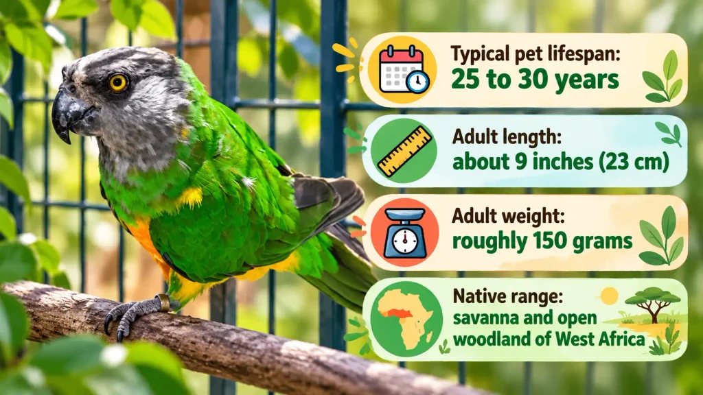 Senegal parrot facts infographic with lifespan, size, weight, and habitat details.