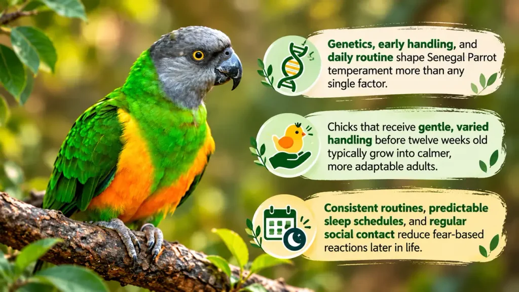 Senegal parrot temperament factors infographic.