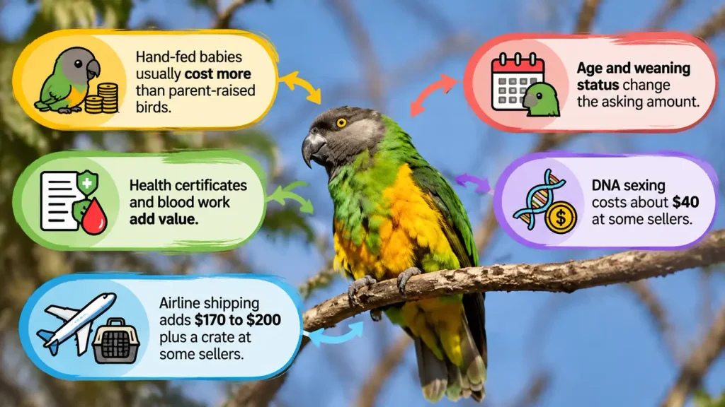 Senegal parrot price factors infographic.