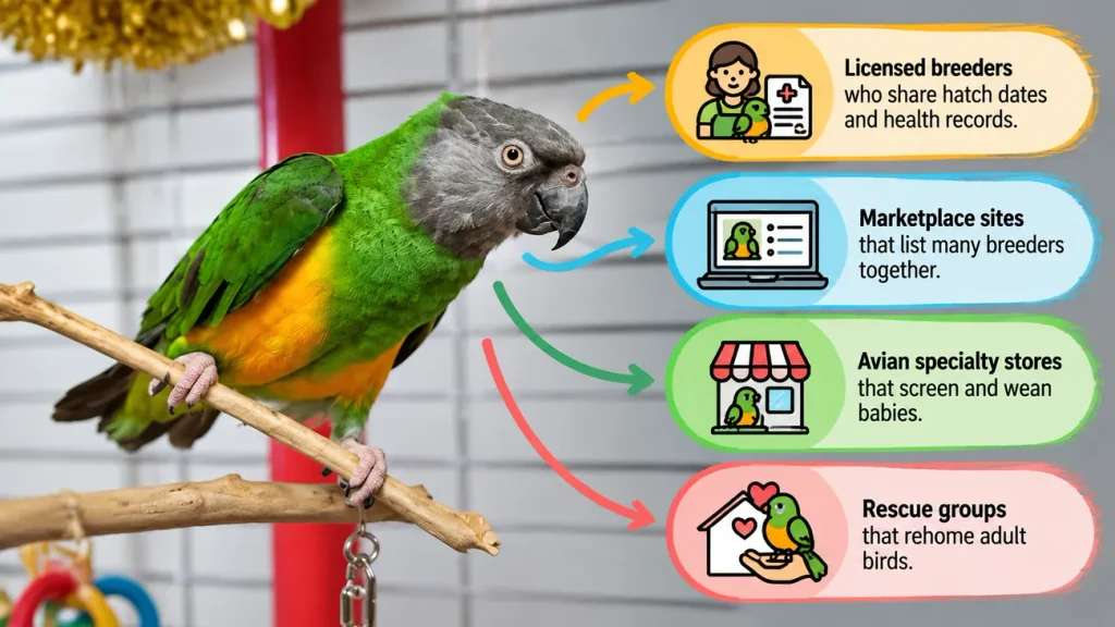Senegal parrot buying sources infographic.