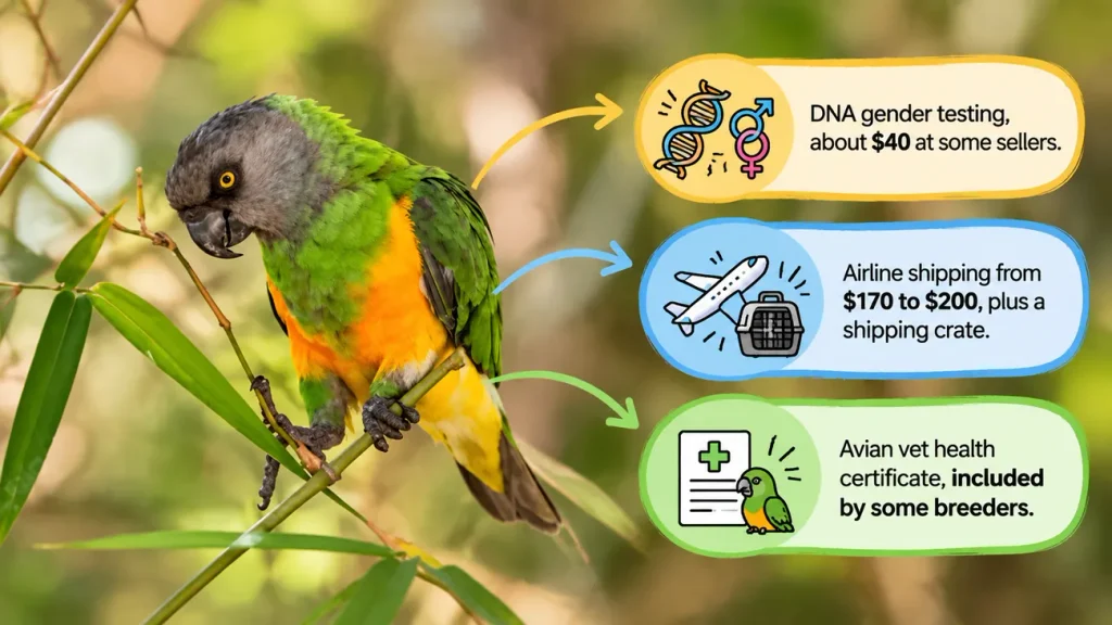 Senegal parrot cost factors infographic.