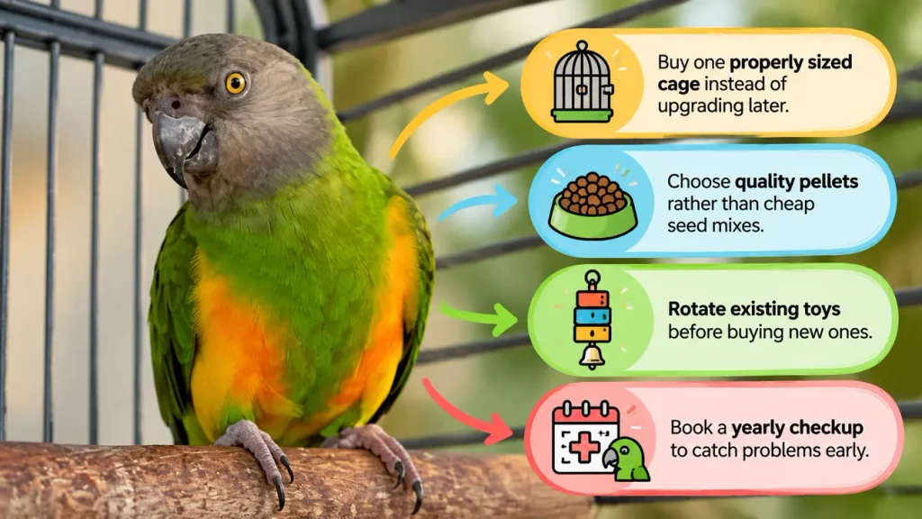 Senegal parrot care cost tips infographic.