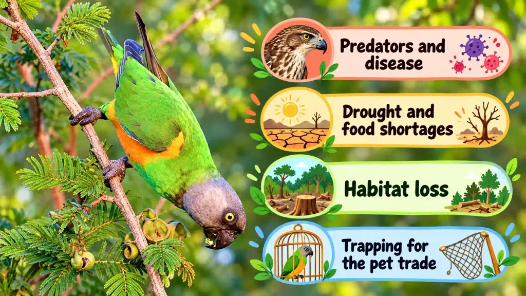 Senegal parrot conservation infographic showing threats like habitat loss and trapping.