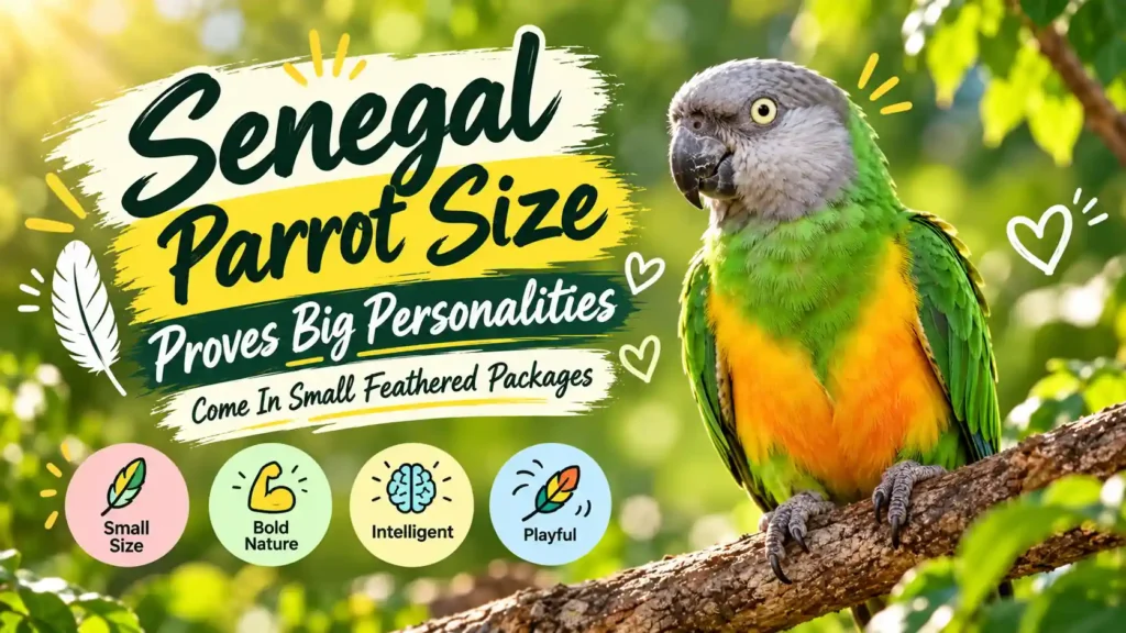 Senegal parrot size graphic with a colorful bird and bold title.