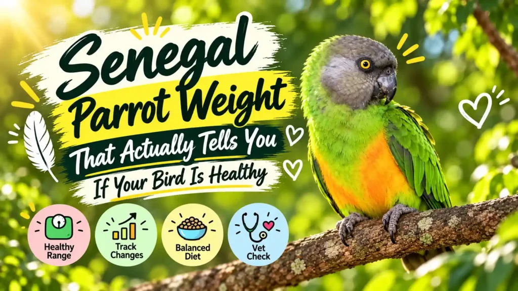 Senegal parrot weight graphic with a bright bird and bold title.