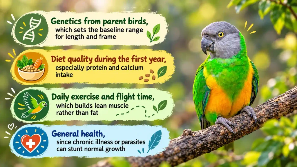 Senegal parrot growth factors infographic with health and care tips.