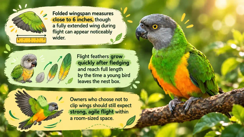 Senegal parrot flight facts infographic with wing and growth tips.