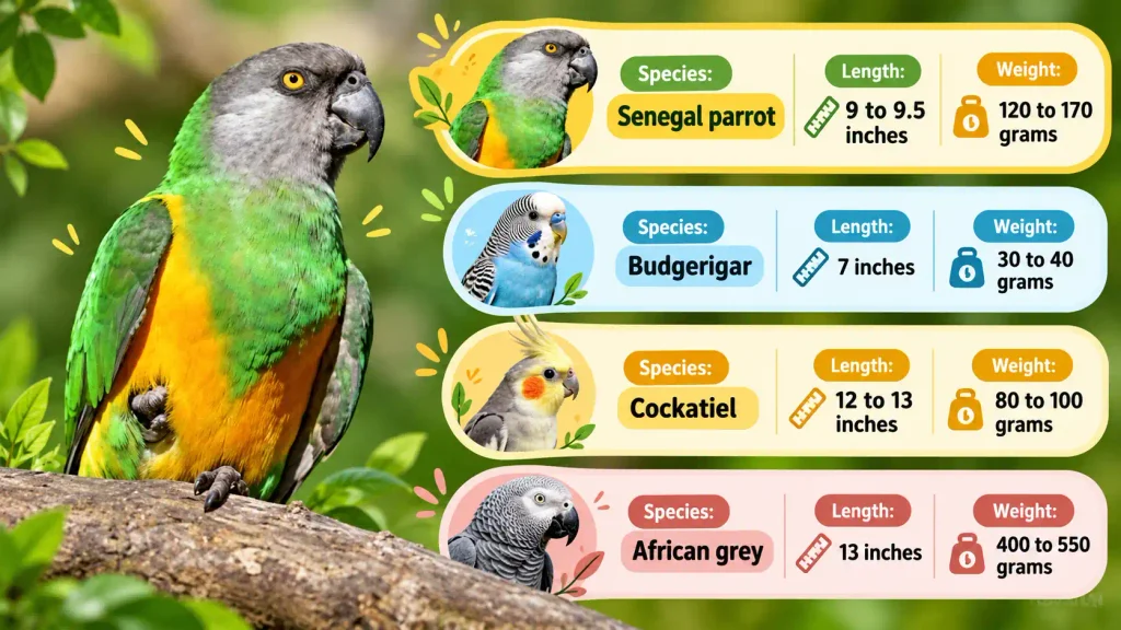 Senegal parrot adult traits infographic with health and maturity signs.