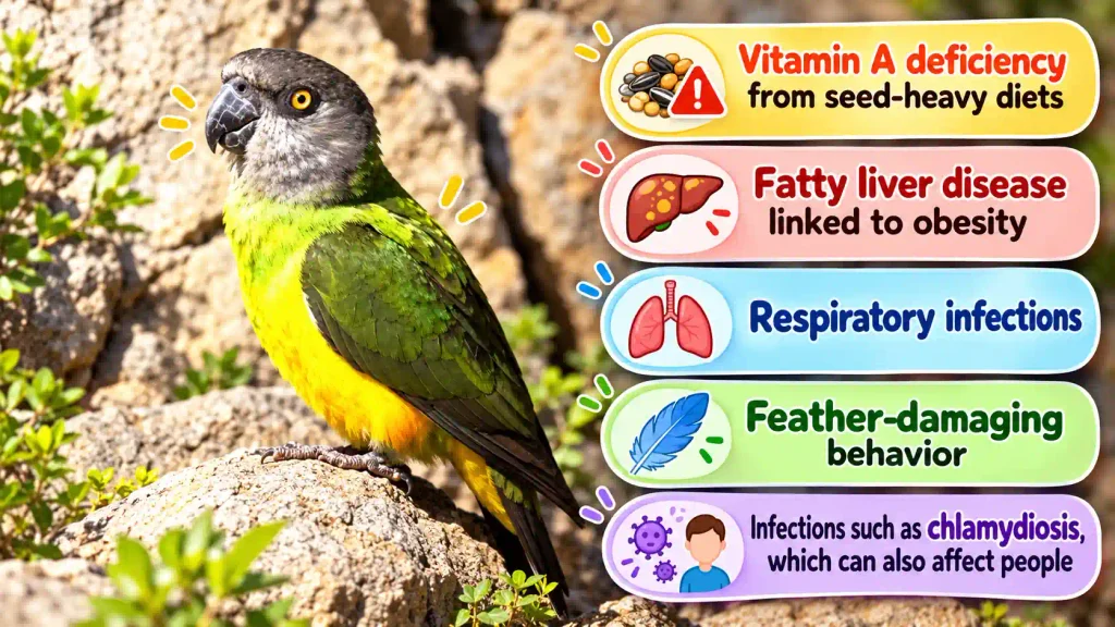 Senegal parrot health infographic showing common disease risks.