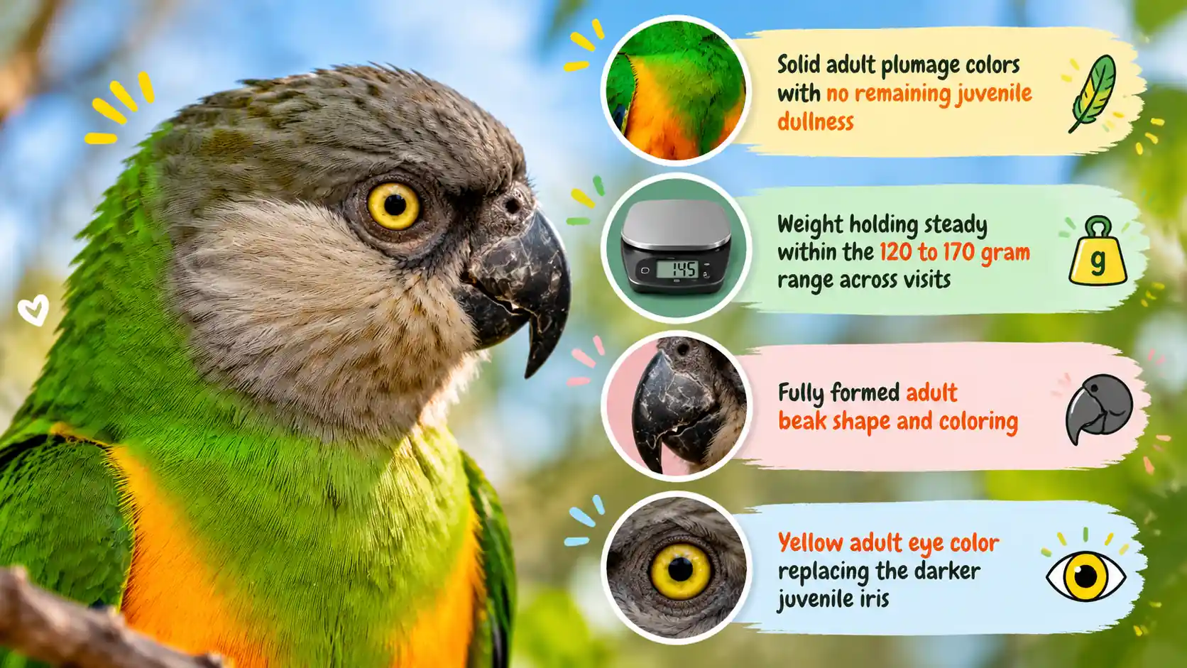 Senegal parrot adult traits infographic with health and maturity signs.