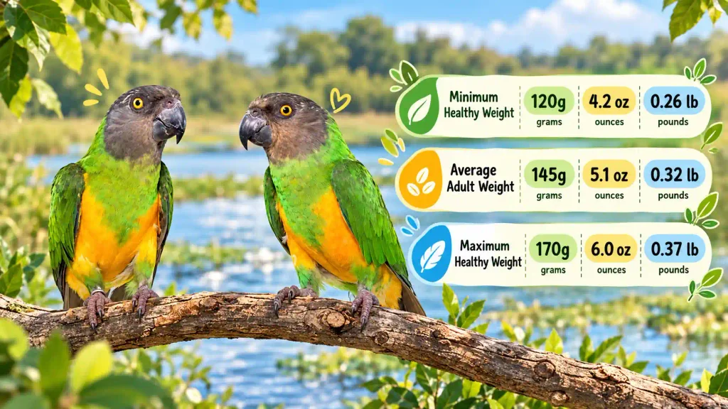 Senegal parrots weight guide infographic with healthy weight ranges.