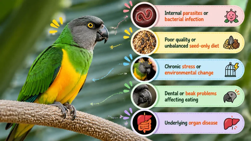 Senegal parrot health risk factors infographic with care warnings.