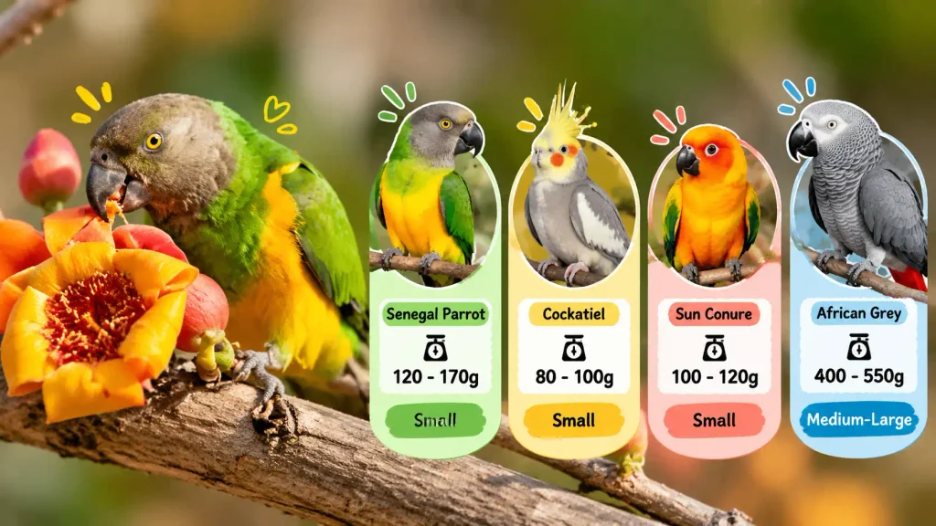 Parrot weight comparison infographic showing species sizes and ranges.