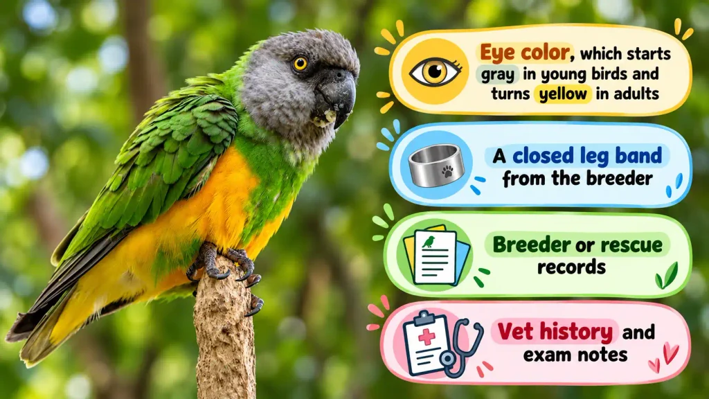Senegal parrot identification checklist with eye, band, records, and vet care tips