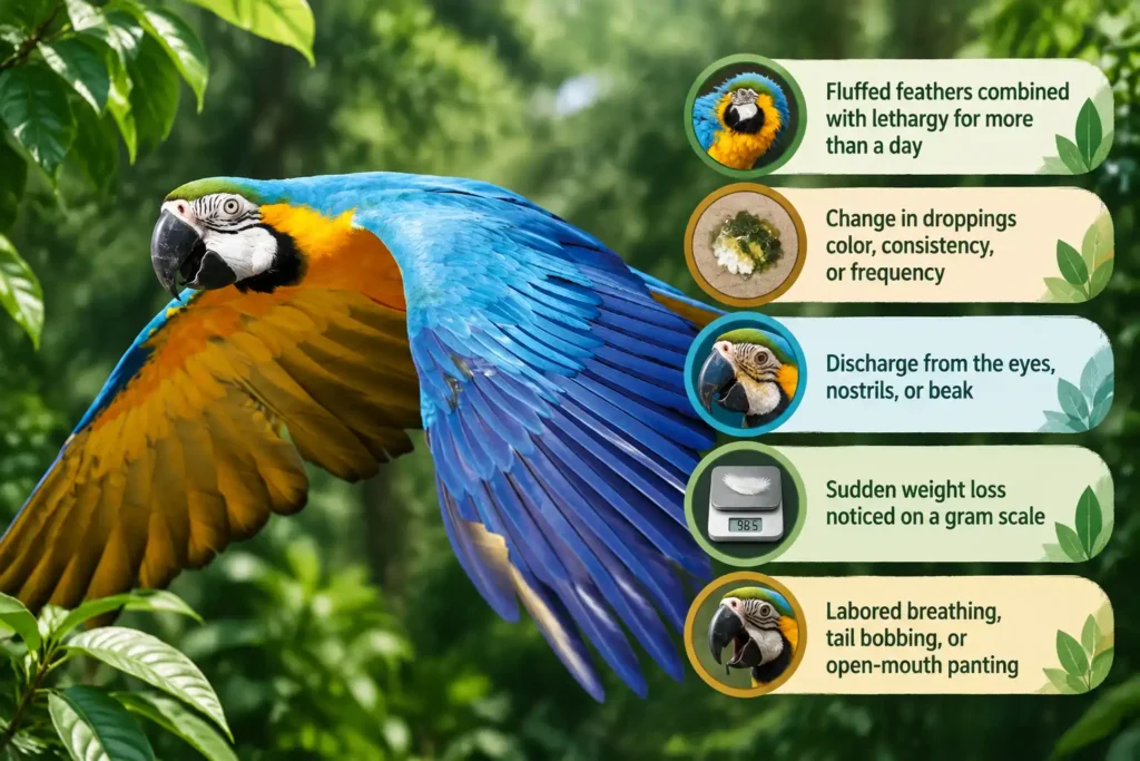Macaw health warning signs infographic