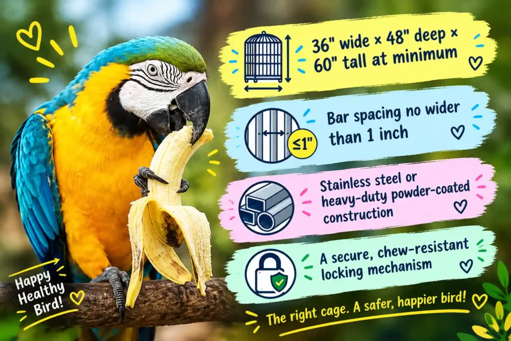 Blue Gold Macaw cage requirements.
