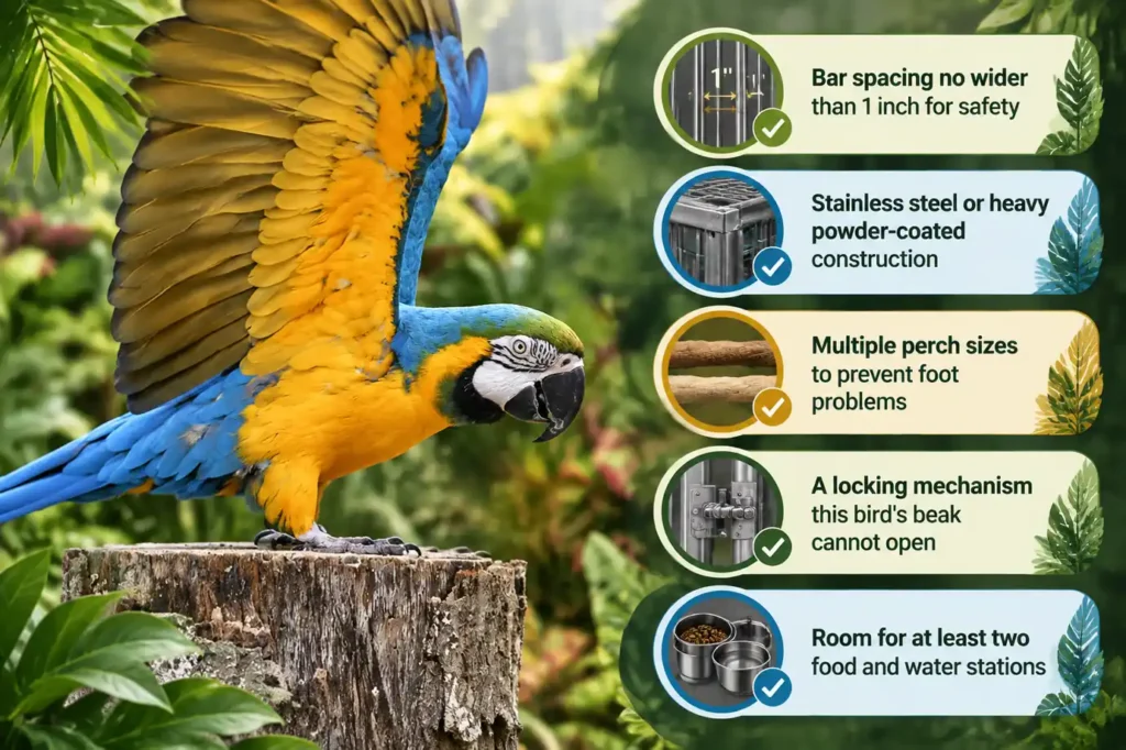 Macaw cage safety requirements infographic