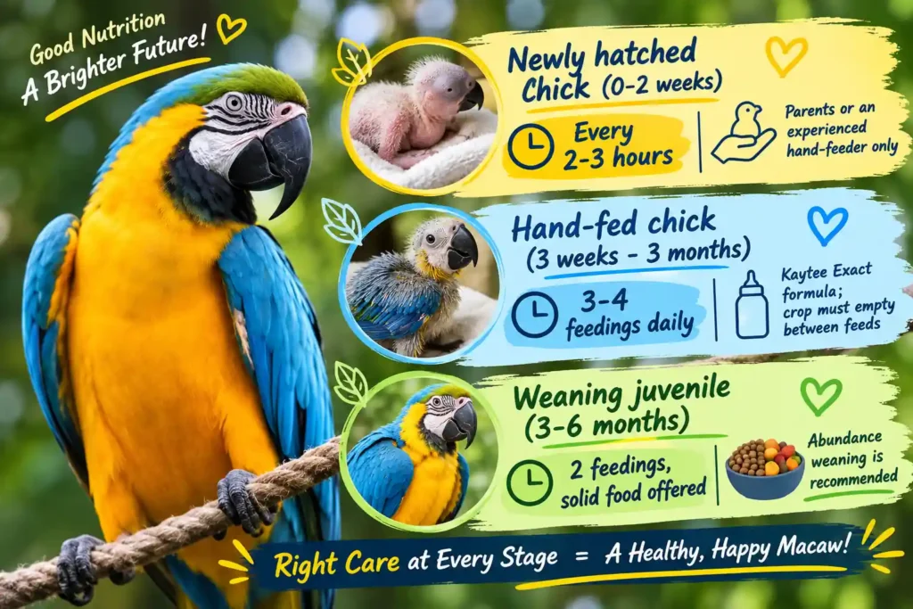 Macaw chick feeding guide.