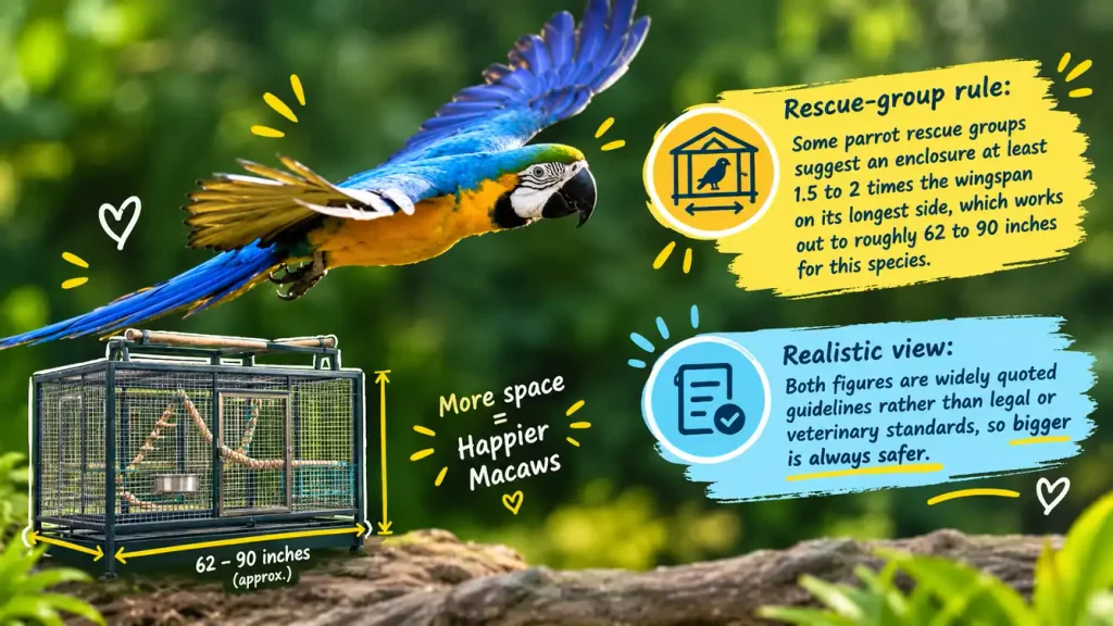 Macaw enclosure size guidelines. 