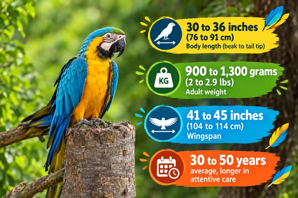Blue-and-yellow macaw infographic with size, weight, wingspan, and lifespan facts.