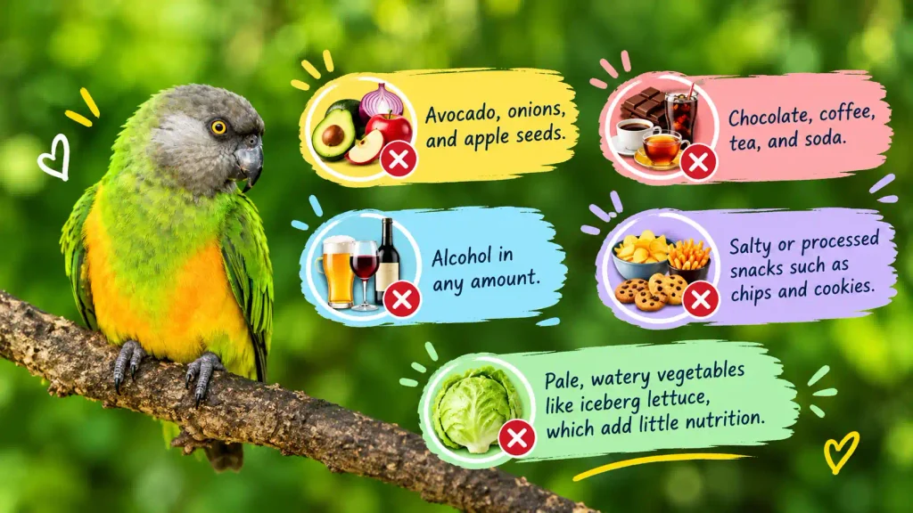 Parrot with foods to avoid.
