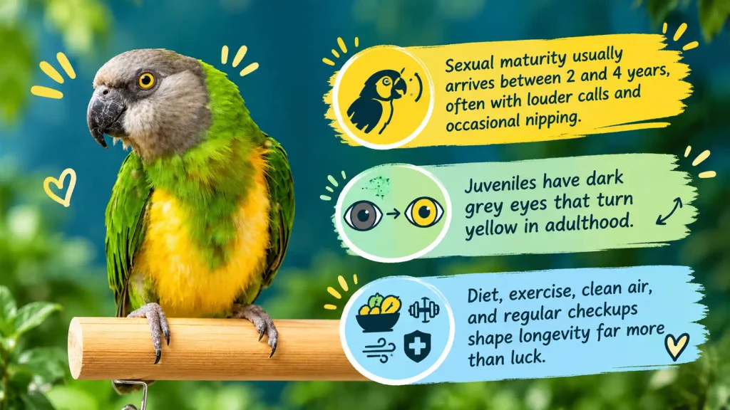 Green parrot with lifespan and maturity facts. 