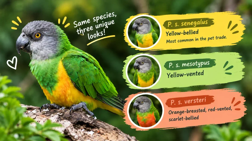 Senegal parrot subspecies comparison.