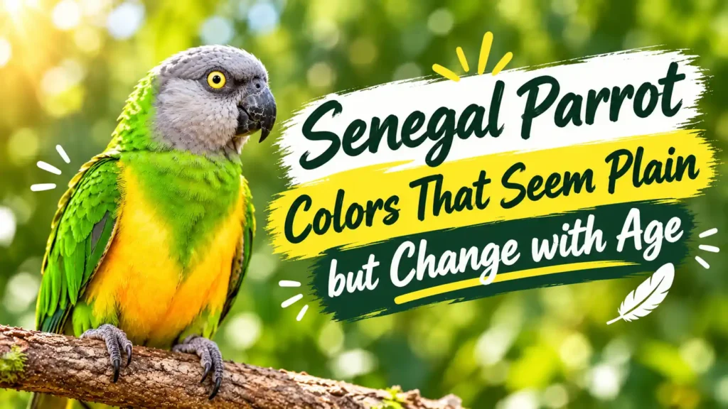 Senegal parrot displaying green, yellow, and gray feathers.